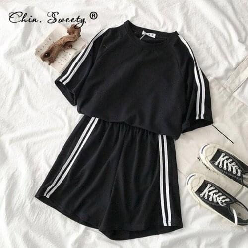 Striped Tracksuit Women Set Shorts 2021 Summer Short Sleeve Tracksuits T-shirt Two Piece Set Female Sportswear Pants Casual Suit