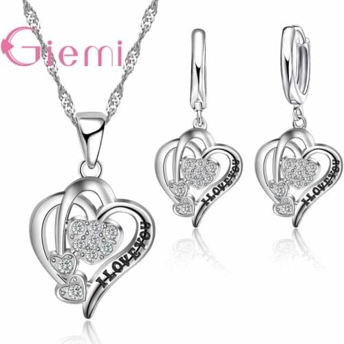 Best Proposal Bijoux Gifts for Women Sweet Ture Love Heart Necklace Earrings Pendant Hot 925 Sterling Silver Jewelry Set