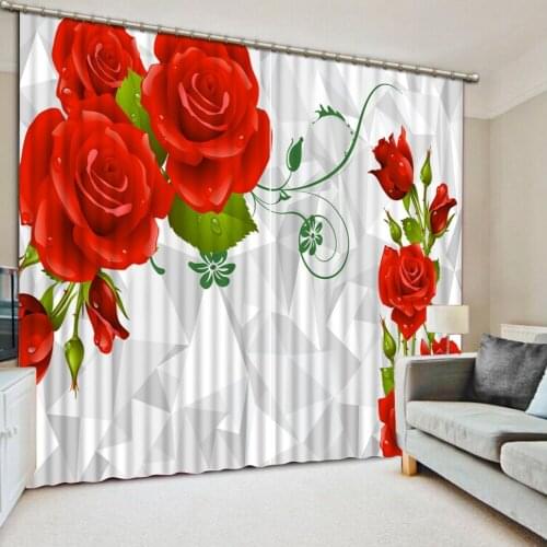 Photo Customize Size 3D Curtain Drapes Cortinas Green Leaves Red Flowers Geometric Pattern Blackout Curtain Fabric 3D Window