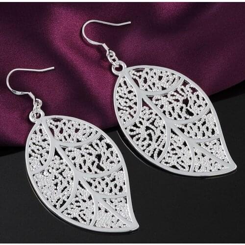 Factory price E128 wholesale Beautiful Retro Leave Leaf silver color earrings high quality fashion classic jewelry