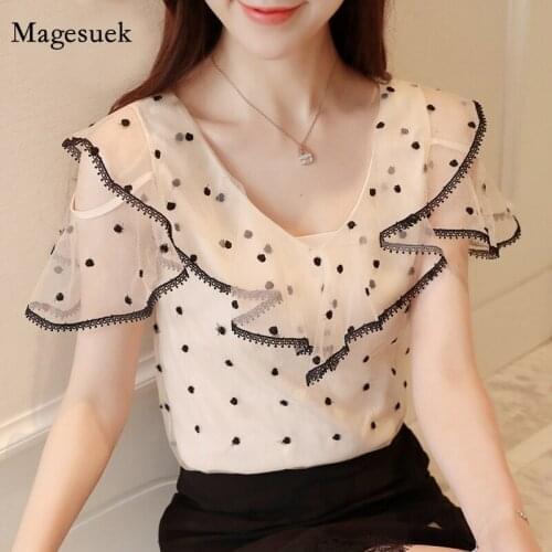 Women Tops V Neck Loose Polka Dot Off Shoulder Mesh Summer Shirt Fashion Ruffled Short Sleeve Casual Chiffon Blouse Blusas 0820
