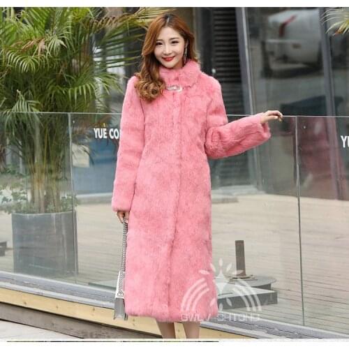 New real genuine natural rabbit fur coat with diamond hook women fashion long jacket stand collar ladies warm overcoat 5 color