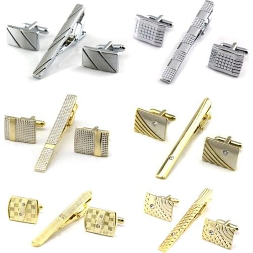 Gold Tie Clip and Cufflink Set For Men Classic Meter Tie Clips Cufflinks Sets Copper Tie Bar Golden Tie Collar Pin Jewelry
