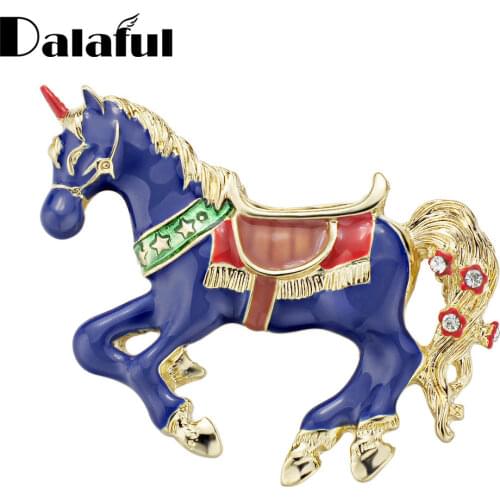 Dalaful Exquisite Blue Enamel Horse Unicorn Crystal Vintage Animal Brooches Pins Button For Women Girl Fashion Jewelry Z041