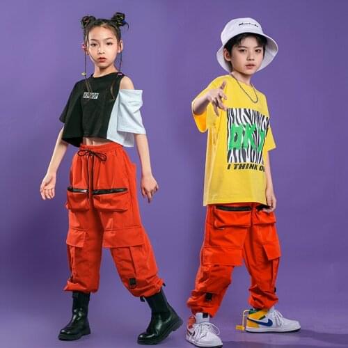 Kid Hip Hop Clothing Oversized T Shirt Off Shoulder Crop Top Streetwear Tactical Cargo Pants for Girls Boy Dance Costume Clothes