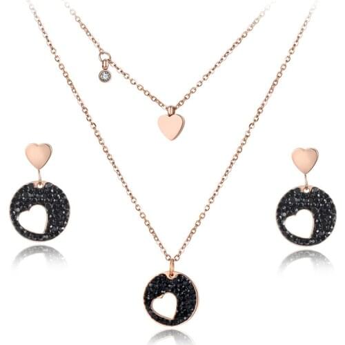 Classic CZ Crystal Heart Choker Necklaces & Earrings Jewelry Sets Pave Setting Rhinestone Stainless Steel Female SE011