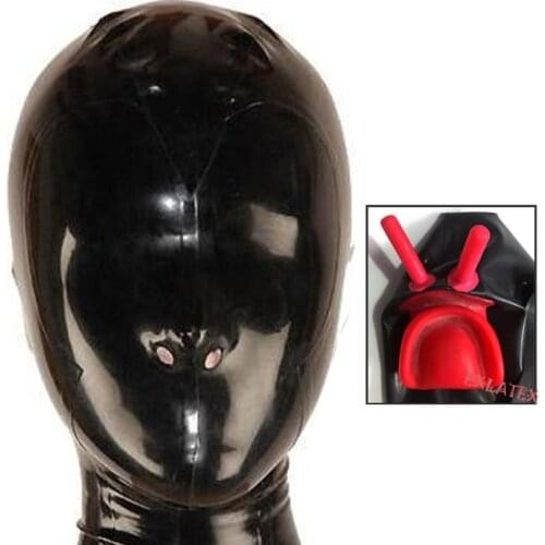 Latex Hood Unisex Latex Fetish Mask sm Mask Full Cover Lined with Red Mouth Sheath Tongue and Nose Tubes Deadpool Mask