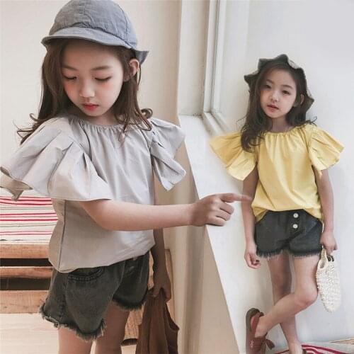 Hot Sale Korean New 2018 Summer Kids Girls Fashion Shirts Children Blouses Clothes Girls Solid Casual Tops Wooden Ear Top Tees