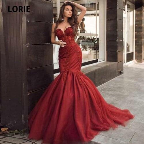 LORIE Elegant Lace Burgundy Mermaid Evening Dresses Long Seweetheart Neck Appliques Beaded Tulle Formal Prom Gowns Plus Size