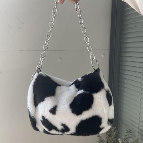 Fashion Faux Fur Women Chain Crossbody Bags Soft Plush Ladies Purse Handbags Cow Pattern Female Small Shoulder Underarm Bag
