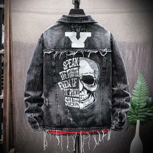 2021 spring and autumn new ripped denim jacket mens fashion personality letter print jacket mens 3D skull print jacket