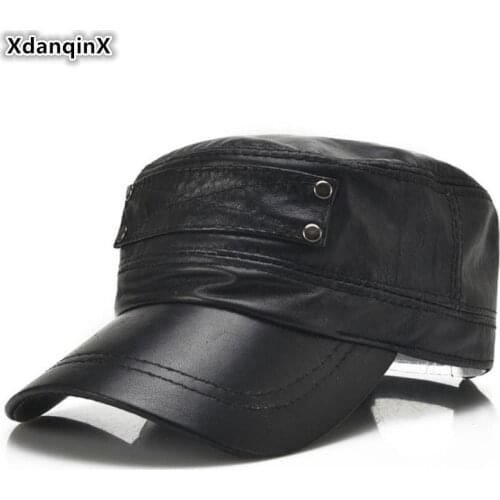 XdanqinX New Sheepskin Leather Cap Men Army Military Hats Genuine Leather Hat Mens Flat Caps Adjustable Size Mens Brands Cap