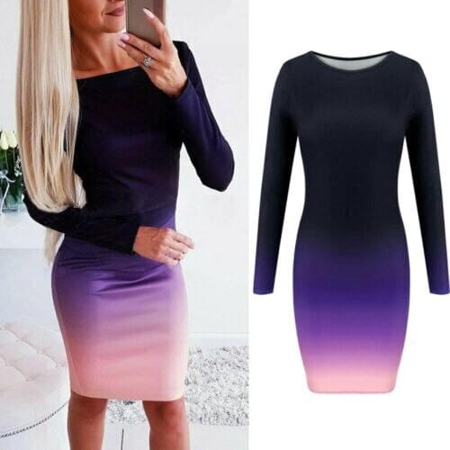New Elegant Ladies OL Clothes Office Dresses Women Waist Pack Hip Long Sleeve Gradient Color Dress Stretch Bodycon Dress