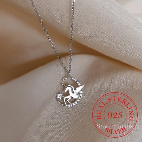 925 Sterling Silver Crystal Unicorn Charm Pendant Necklace For Women Wedding Romantic Jewelry Choker Collar Girls' Birthday Gift