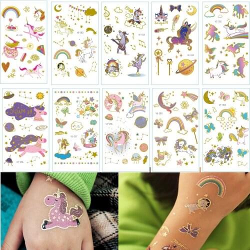 10pcs Waterproof Temporary Tattoo Sticker Bronzing Unicorn Horse Tatto Fake Tattoo Transfer Tattoos Art Tatoo For Kids Girl Boy