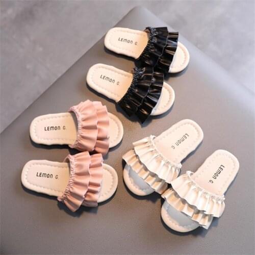 JY Summer Children Girls Beach Slippers Non-slip Girl Ruffle Princess Pure Color Slides 21-30