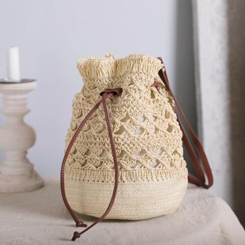 Straw Bag Female Summer Vacation Beach Shoulder Bag Small Bucket Women Portable Crossbody Bags Fashion Drawstring Woven Handbag