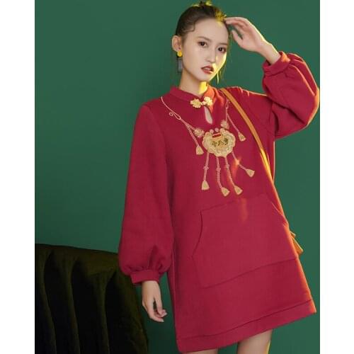 SWEETXUE Womens Chinese Style Embroidered Mini Loose Cute Dress 2020 Female Autumn Plus Velvet A-line Dress Ladies