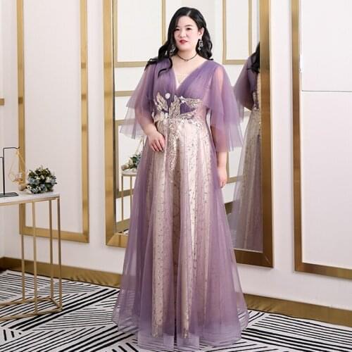 Evening Dresses A-line V-Neck Ruched Half Sleeve Women Party Dress New Appliques Bling Floor-length Plus Size Formal Gowns D417