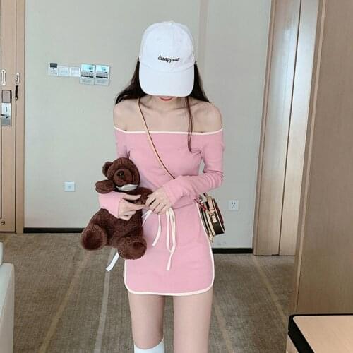 Wenfly Women Sweet Pink Two Piece Sets Slash Neck Long Sleeve Tops Elastic High Waist A-line Skirt Casual Sports Suit