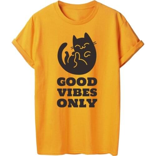 ONSEME Good Vibes Only Letter T Shirt Female Summer Short Sleeve Cotton T Shirts Cute Cat Pattern Print Tshirt Funny Basic Tees