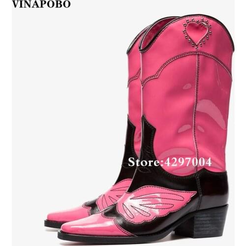 Runway Design Genuine Leather Mid Calf Boots For Women Embroider Butterfly Motorcycle Boots Pointed toe Chunky Heels Shoes Women