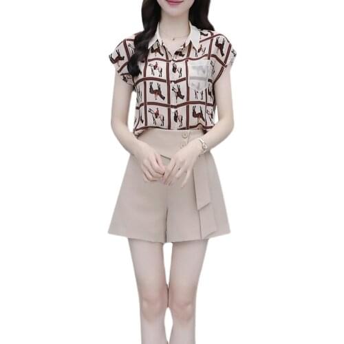 2021 New Spring Summer Women Sets Fashion Print Short Sleeve Shirt And High Waist Shorts Two Piece Set Office Lady Suits