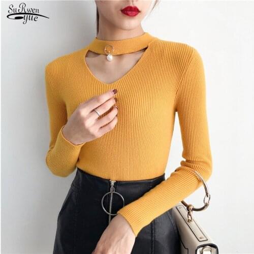 Korean Sweaters for Women Sexy V-Neck Pullovers Basic High Elastic Knitted Sweater Woman Long Sleeve Slim Soft Pull Femme 16640
