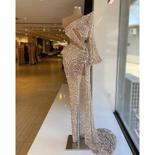 2021 Arabic Sexy Side Split Prom Dresses Luxury Beading Sequined One Shoulder Long Sleeve Women Plus Size Formal Evening Gowns