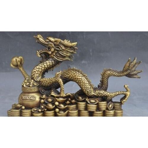 12"chinese bronze fengshui Zodiac Dragon yuanbao money wealth money lucky statue
