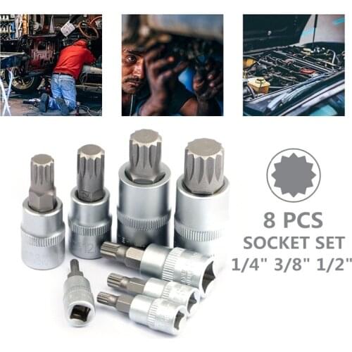 8PCS/Set XZN 1/4" 3/8" 1/2" 12 Point MM Triple Square Spline Bit Socket Set M4-M16 Hand Tools