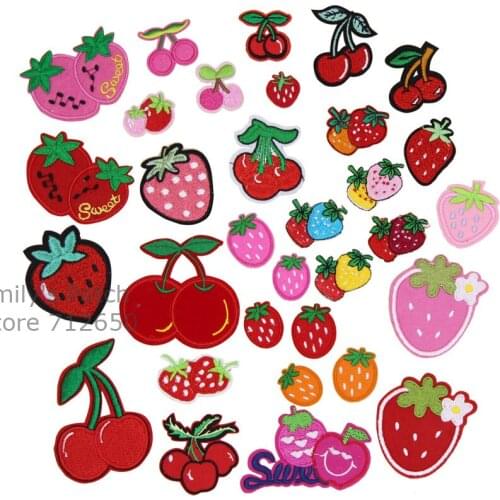 Free shipping 10 pcs Cherry strawberry fruit Embroidered Iron on patches Motif sew on Cartoon Applique embroidery DIY accessory