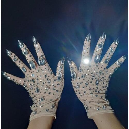 Shining Rhinestones Short Gloves Women Crystal Mesh Gloves Party Outfit Dancer Singer Nightclub Dance Stage Show Accessories