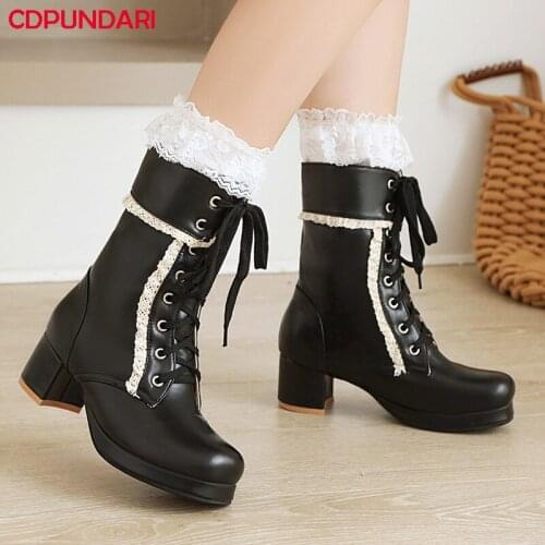 Lolita Shoes Platform Ankle Boots For Women Autumn Winter Med Heels Punk Short Boots Ladies Big Size Bottes Plateforme Femme