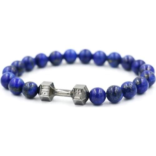 BPPCCR Natural lapis lazuli Antique Gold Color Barbell Jewelry Male Female Fit Life Dumbbell Beads Bracelets pulsera