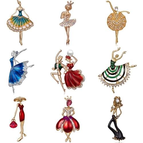 Dancing Boy and Girl Fashion Rhinestone Drawing Oil Figure Character Brooch Pin Women Girl Enamel Dress Small Dress Accessories