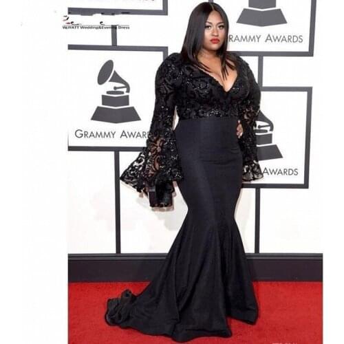 Black Plus Size Evening Dresses Long Puffy Sleeves Top Sequins Prom Party Gowns Black Celebrity Dress Mermaid robe de soriee