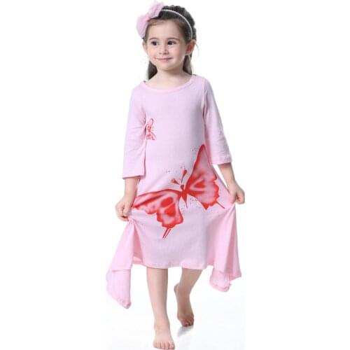 Explosion models girls skirt summer print big butterfly round neck dress cotton long-sleeve fashion female baby princess dress