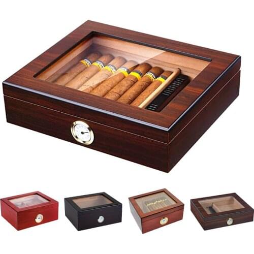 Cigar Humidor Luxury Tempered Glass Top Display Custom Packaging Wood Humidor Cigar Tobacco Case Box With Hygrometer