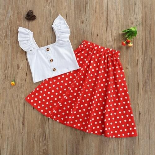 Newest arrival Girls Clothes Set Solid Color Flying Sleeve Square Collar Cropped Tops+Polka Dot Print Long Skirt