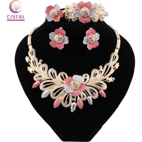 CYNTHIA Nigerian Wedding African Costume Jewelry Set Dubai Flower Necklace Bracelet Earring Ring Jewelry Sets for Women Party