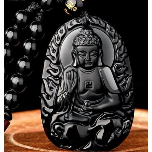 Beautiful Chinese handmade natural Obsidian twelve Chinese Zodiac Buddha necklace, female big day Tathagata Pendant
