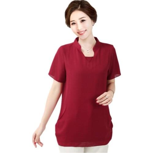 Summer Middle-aged Blouse Plus Size Womens Clothing Korea Fashion Mom Short Sleeve V-neck Chiffon Shirts Tops femme 5Xl 6Xl