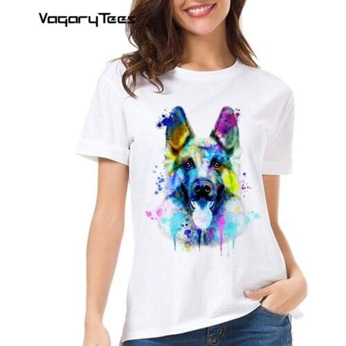 Fashion Watercolor Dog Casual Tops Female Novelty Cool Tees German Shepherd Dog Portrait Print T-Shirt New Summer women t-shirt