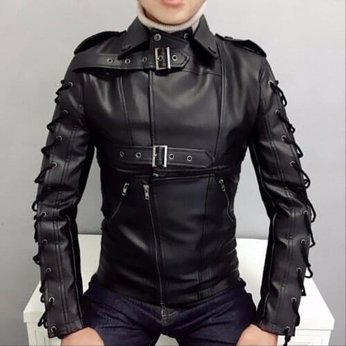 M-5xl New Men Tight Stand Collar Leather Stitching Punk Motorcycle Leather Jacket Personality Tide Jacket Stage Singer Costumes