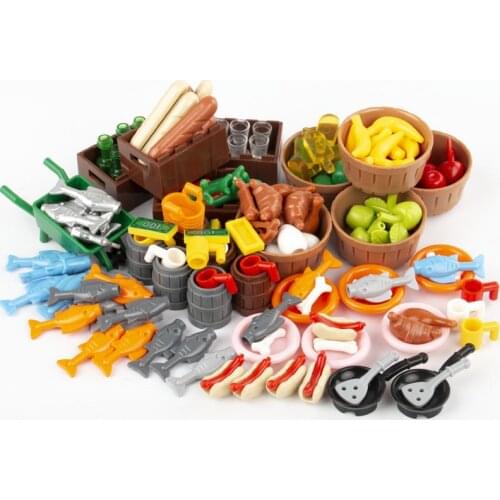 MOC Building Blocks Set Fruit Fish Food Banana Bread Basket Cup Tool Bricks City Accessories Compatible Figures Toys Friend D045