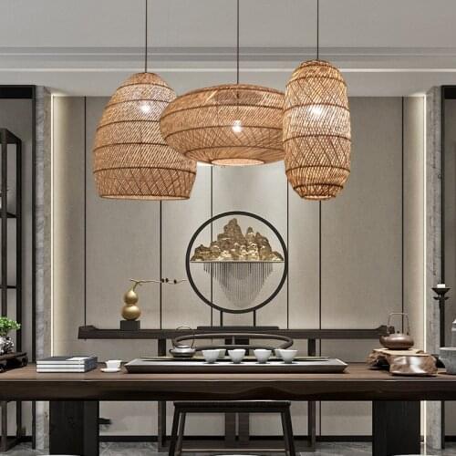 Natural woven pendant light New Chinese Style art deco cage pendant light for Living Room Dining Room affe lamp