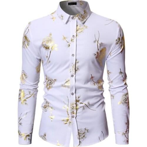 Luxury Gold Foil Print Shirt Men 2020 Autumn New White Rose Floral Shirt Mens Casual Dress Shirts Nightlcub Prom Shirt Camisas