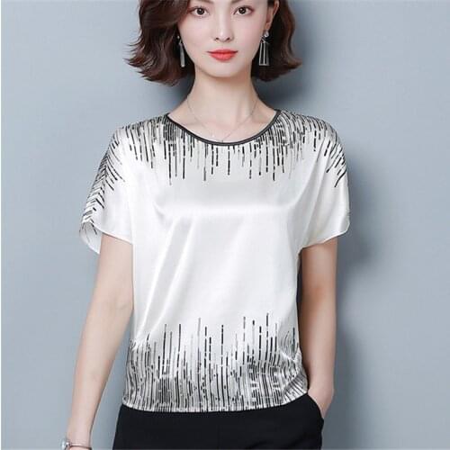 High-End Satin Shirts Temperament Elegant O-Neck Blouses Short Sleeve Print Stylish Summer Ladies Blusas Tops MM0862