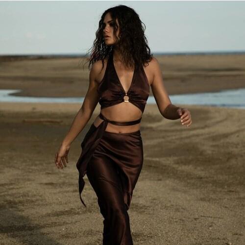 Sexy women boho skirts sets two pieces halter cropped top vest with high waist long skirts hollow out corset tops skirt set